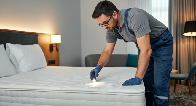 A professional pest control technician wearing blue gloves and work overalls is inspecting a hotel mattress for bed bugs.